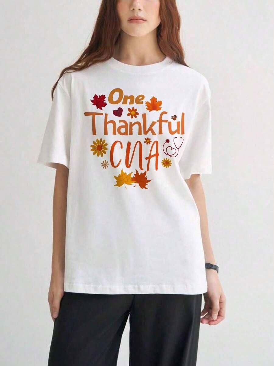Camisetas de manga corta para mujer, con estampados interesantes, ropa hermosa. Una camiseta blanca con diseño de hojas y flores de otoño para enfermeras y trabajadores sanitarios. - Blanco - Ver 1