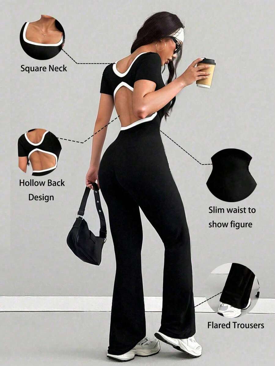 AITYI Studio Women's Black Jumpsuit, Square Neck Short Sleeve Contrast Color Fashion Design, Hollow-Out Backless Fitness Sports Shaping Slim Comfortable Elegant Y2K Streetwear, Suitable For Daily, Party, Holiday, Independence Day, Back To School, Pride Month, Carnival, Music Festival, Mother's Day, Summer New Lightweight Breathable Knit Flared Leg Jumpsuit - Black - View 1