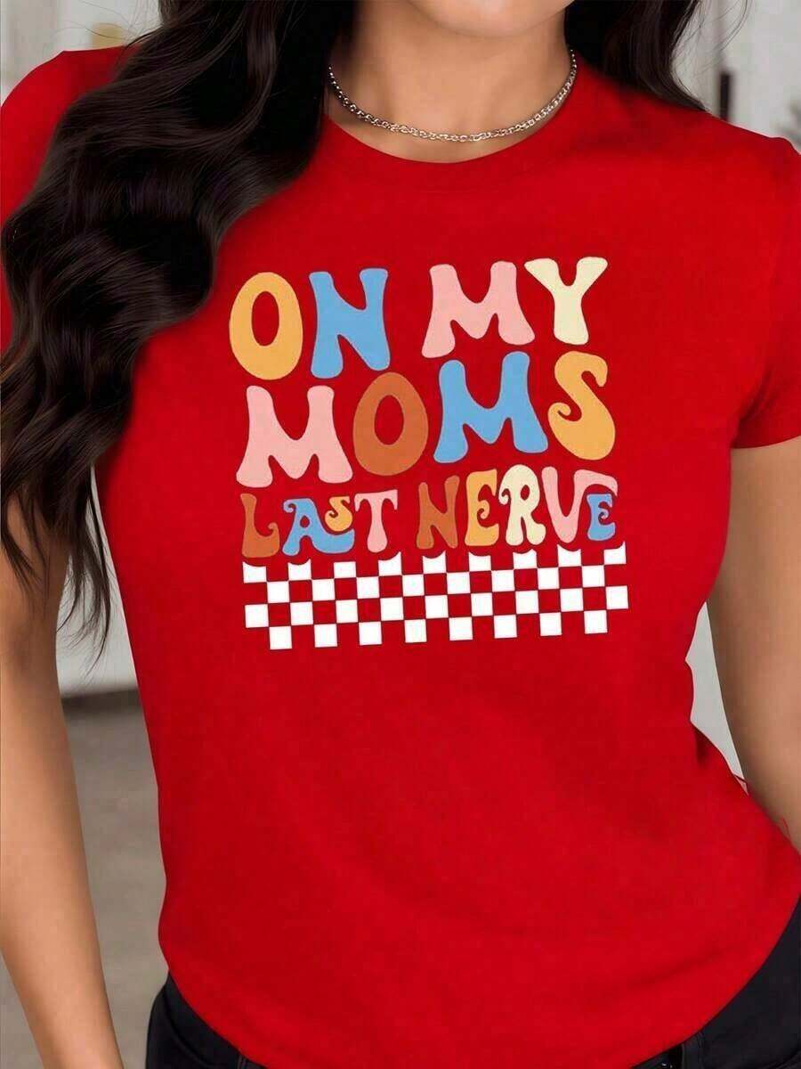 short-sleeveBlusas para mujer Texto colorido que expresa con humor el límite de la paciencia hacia la madre con letras grandes tipo retro sobre fondo con patrón de cuadros camiseta de mujer 100% algodón cómoda y divertida para uso diarioCuello Redondo gym y2k Cuello Redondo Algodón 100% Tejido Suave Manga Corta100% Cotton - Rojo - Ver 1
