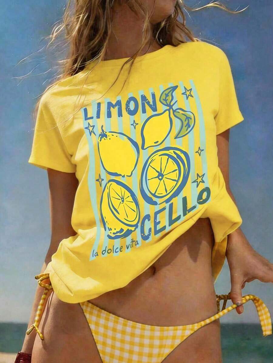 DrmWander Women's T-Shirt, Short Sleeve Graphic Tee, Casual Street Style, Cute Summer Top - 黃色 3 - 查看 1