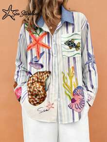 Camisa casual de mujer con estampado de fantasía con tema oceánico, de estilo bohemio, brillante, holgada y cómoda, para vacaciones, primavera/verano - Multicolor - Ver 5
