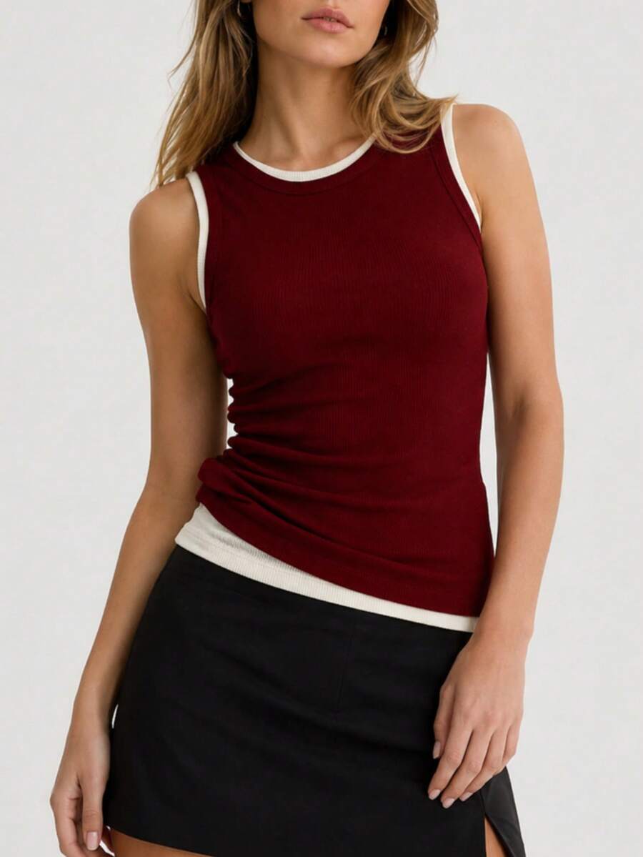 RoseArya Cotton Casual Slim Fit Double Layer Ribbed Tank Top - Burgundy - View 1