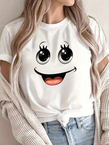 Camiseta blanca de manga corta y cuello redondo para mujer con un divertido estampado de una carita graciosa. - Blanco - Ver 1