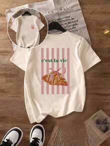Camiseta de manga corta casual para mujer con estampado brillante de croissant y rayas, cuello redondo, top de primavera/verano, camiseta de mujer, ropa de mujer de verano/otoño, ropa exterior de mujer, ropa de mujer para el Día de San Valentín, prendas de vestir de mujer, atuendo para vacaciones-Vintage Street Style Unisex Loose Cotton Short Sleeve Crew Neck T-Shirtblusas para mujer. blusas.blusas casuales para dama. - Albaricoque - Ver 1