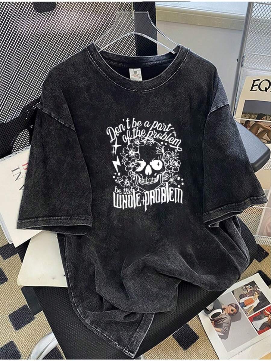 Camiseta de hombre de 8.11 oz, acabado lavado, corte holgado, estampado vintage, talla grande. - Negro - Ver 1