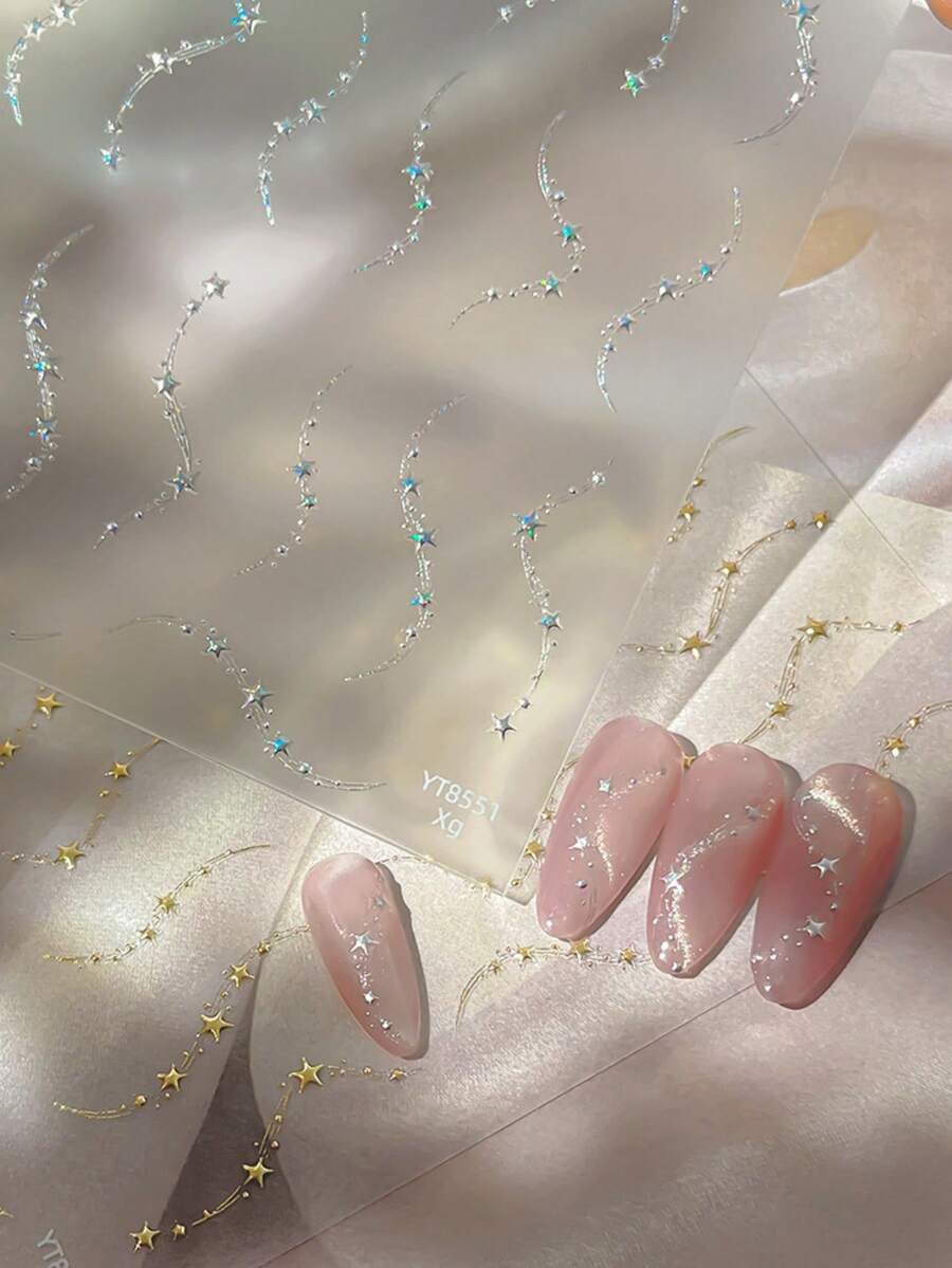 1片銀色極光閃粉星星美甲貼紙,優雅流星彎曲美甲貼花,閃亮美甲裝飾貼紙 - 彩色 - 查看 1