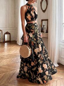 Conjunto de 2 piezas elegante y casual para vacaciones, citas románticas en la playa de verano, atuendo de playa para mujer en color rosa - Negro - Ver 2