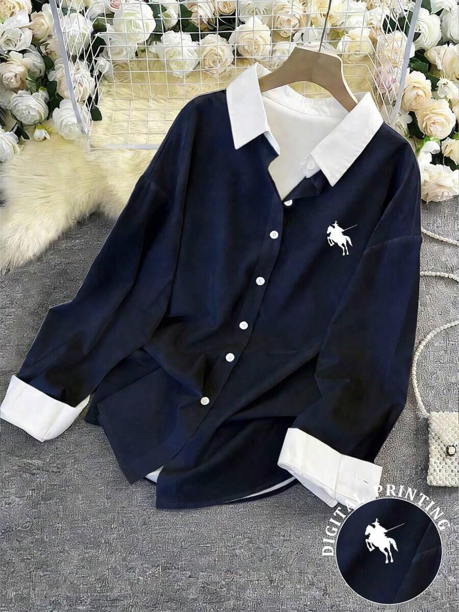 Camisa casual de manga larga, de corte holgado y de un solo abotonado con estampado de caballero para mujer - Multicolor - Ver 1