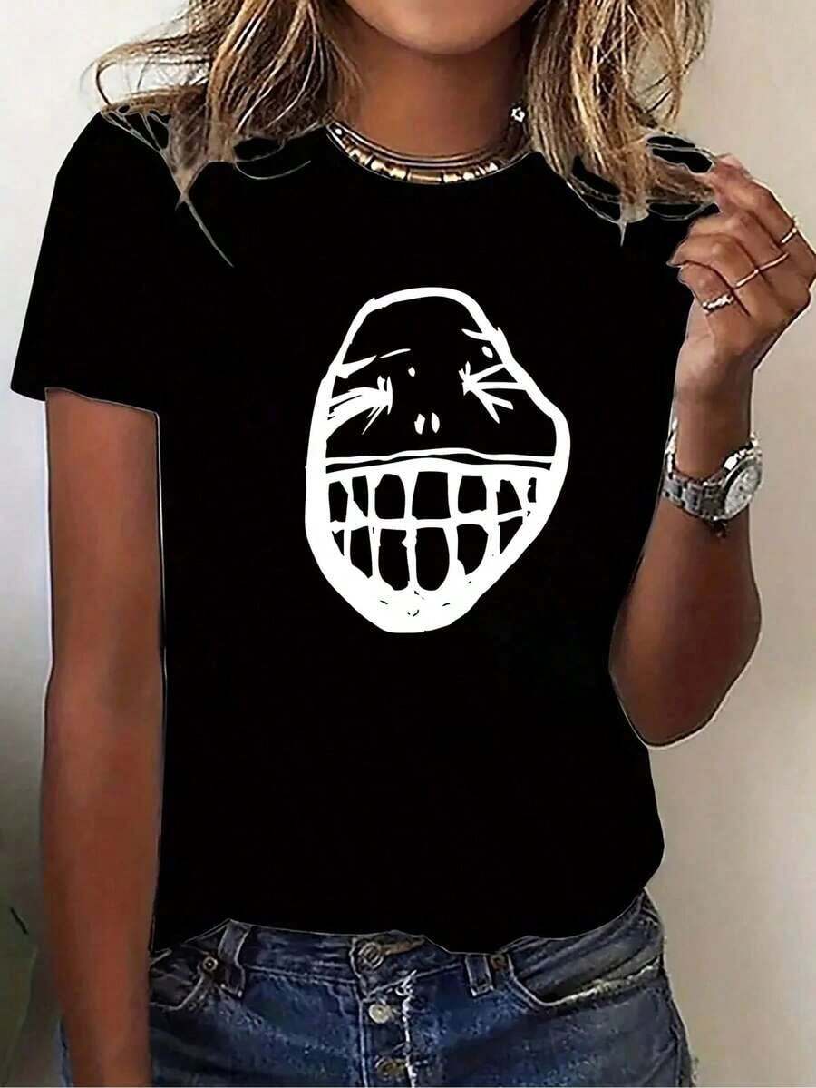 Oferta por tiempo limitado, compra limitada, flash oferta,blusas para dama casuales,poleras mujer,playeras de mujer>algodon,blusas>elegante,Camiseta de mujer con estampado de emojis divertidos - Camiseta blanca con diseño de emojis negros - Corte holgado, ideal para el día a día - Transpirable y cómoda, camiseta de mujer para el día a día, diseño divertido, corte cómodo, estilo urbano, tejido ligero, cuello redondo Blusas Bonito 100% Cotton - Negro - Ver 1
