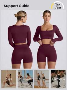 VVX Women's Seamless Sports Yoga Set Long-Sleeved Shorts Thumbholes Slim High-Waist Tummy Control Sports Set - 茄紫色 - 查看 4