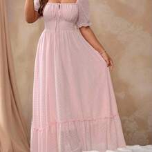 Vionelle Plus Size Sweet Romantic Pink Square Neck Bow Tie Ruffle Hem Long Dress Easter Wear - Multicolor - Ver 4