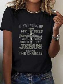 1 pieza, 100% puro, mencionaste mi camiseta estampada, el patrón es adecuado para primavera y verano, camiseta de mujer de cuello redondo y manga corta, top casual puro y transpirable, regalo de vacaciones. - Negro - Ver 1