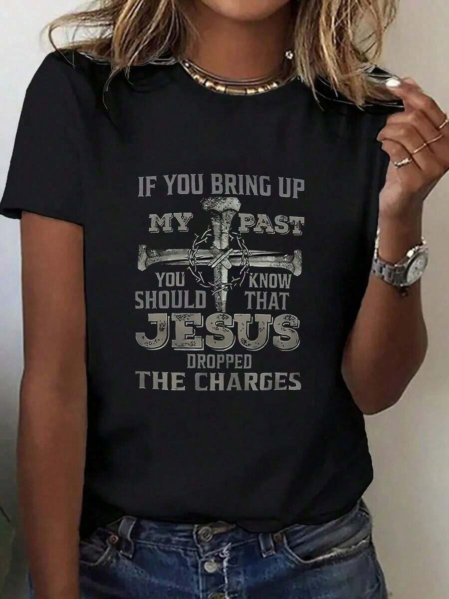 1 pieza, 100% puro, mencionaste mi camiseta estampada, el patrón es adecuado para primavera y verano, camiseta de mujer de cuello redondo y manga corta, top casual puro y transpirable, regalo de vacaciones. - Negro - Ver 1