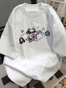 Women's Casual Sports T-Shirt With Black Cat And Pink Guitar Design - White Crew Neck T-Shirt, Stretchy And Machine Washable, Perfect For All Seasons. Leisure Garment With A Fun Print And Opaque Fabric. - 白色 - 查看 1