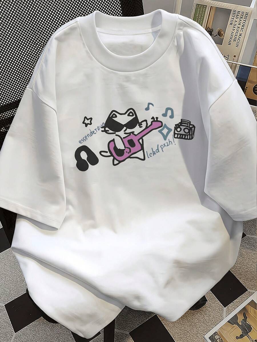 Women's Casual Sports T-Shirt With Black Cat And Pink Guitar Design - White Crew Neck T-Shirt, Stretchy And Machine Washable, Perfect For All Seasons. Leisure Garment With A Fun Print And Opaque Fabric. - 白色 - 查看 1