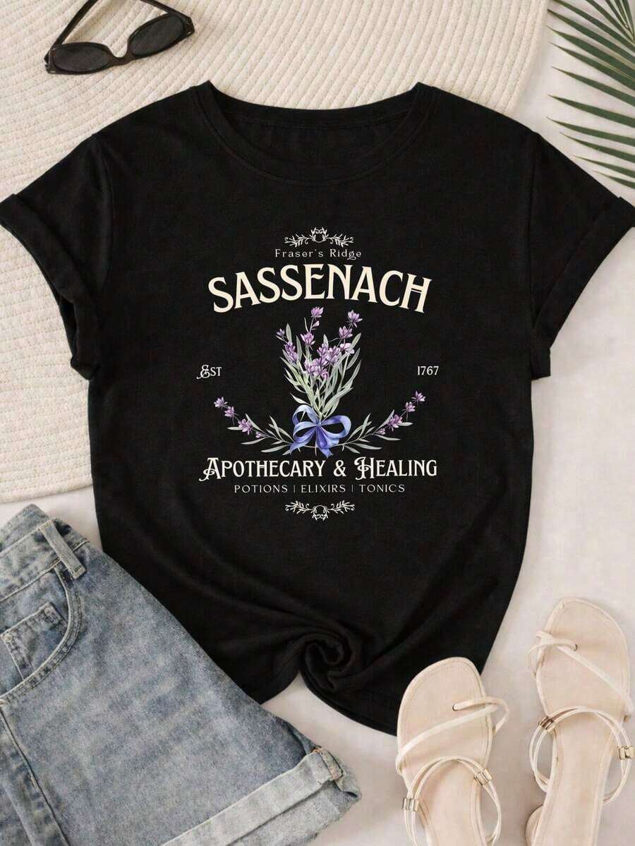Camiseta de talla grande con estampado floral, diseño floral con margaritas y hojas, patrón vintage de flores silvestres, perfecta para usar en exteriores en verano, cuello redondo. - Negro 2 - Ver 1