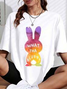 Camiseta Blanca Oversize con Estampado de Conejo Arcoíris "What Tha Luff" para Uso Casual - Blanco - Ver 7