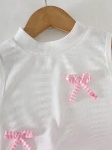 Conjunto de 2 piezas de top de punto acanalado de cuello en V blanco + falda con estampado de lazo a rayas verticales para niñas, adecuado para uso diario, actividades al aire libre y eventos, primavera/verano - Rosa - Ver 4