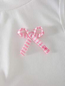 Conjunto de 2 piezas de top de punto acanalado de cuello en V blanco + falda con estampado de lazo a rayas verticales para niñas, adecuado para uso diario, actividades al aire libre y eventos, primavera/verano - Rosa - Ver 6