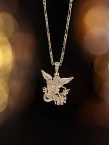 1 chiếc vòng cổ thiên thần đính đá Cubic Zirconia lấp lánh | Dây chuyền phong cách Hip Hop, bùa hộ mệnh tôn giáo, trang sức đường phố Gothic dành cho nam và nữ - Thiên thần vàng - Xem 1