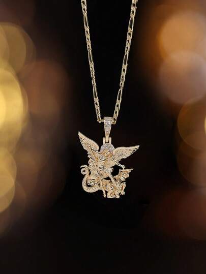1pc Sparkling Cubic Zirconia Angal Necklace | Figaro Chain Hip Hop Religious Protection Amulet, Gothic Streetwear Jewelry For Men And Women