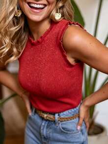 Sexy Slim Fit Camisole, Round Neck Ruffle Trim Sleeveless Design, Ribbed Stretchy Fabric, Slimming & Flattering, Versatile Spring/Summer Layering Top, Pair With Jeans For Chic Look - Red - View 5