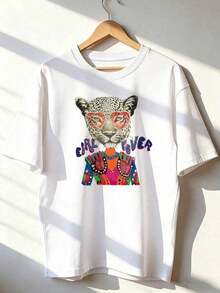 Gato urbano con estampado de personaje animado, tela suave, diseño holgado, cuello redondo, manga corta, primavera‑verano, uso diario, playera,Letra con estampado floral y color rosa - WH-P631557LNDXZGY047 - Ver 3