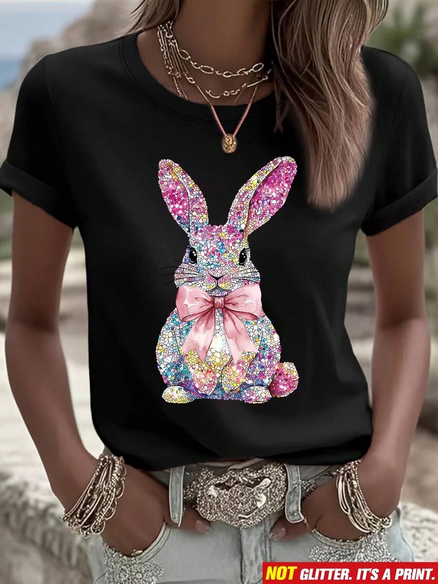 Short-Sleeved T-Shirt With Round Neck, 100% Cotton, Print, Lightweight And Breathable Fabric, Casual Fashion Style, Suitable For Daily Life, Casual Outings And Dates In Spring, Summer And Autumn - 黑色 - 查看 1