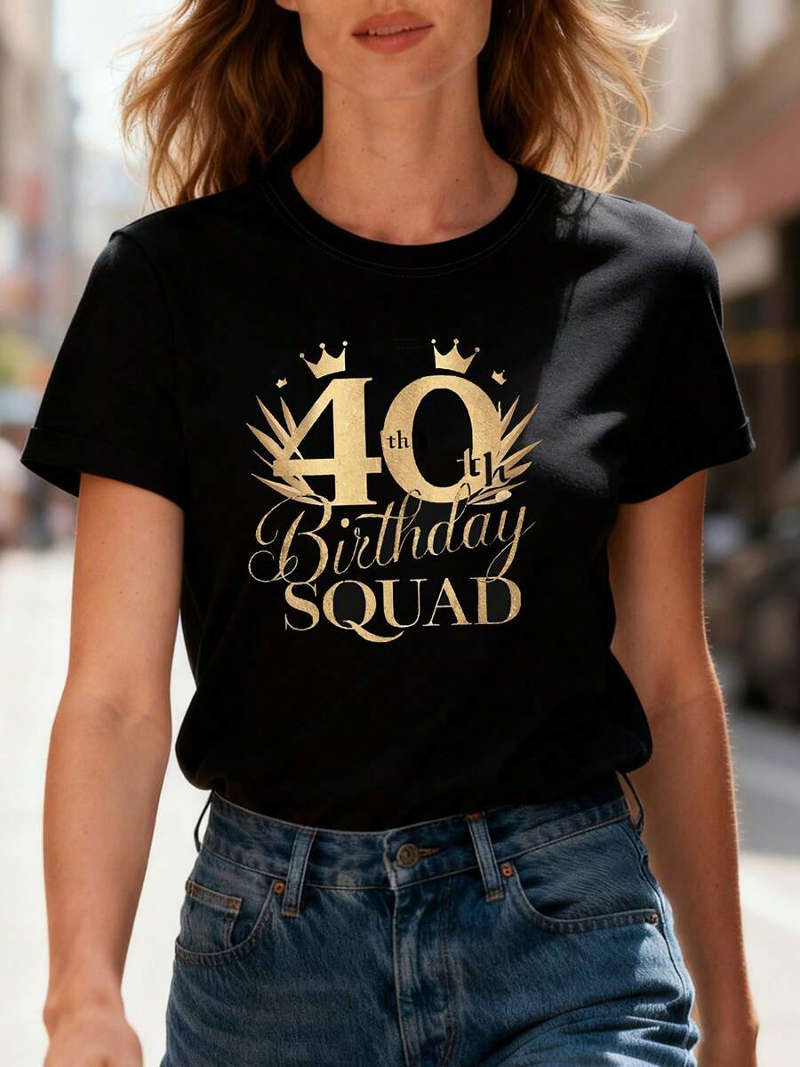 Camiseta de algodón puro para mujer, con estampado de texto "40th Birthday SQUAD", cuello redondo, manga corta, ideal para primavera/verano, adecuada para compras informales, regalos de vacaciones, reuniones de amigos, fiestas de música y ropa de vacaciones. - Negro - Ver 1
