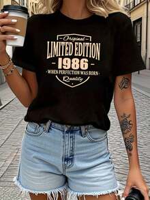 Women's Pure Cotton T-Shirt, LIMITED EDITION 1986 WHEN PERFECTION WAS BORN, With Text Print, Round Neck, Short Sleeve, For Spring/Summer, Suitable For Casual Shopping, Christmas Gifts, Friend Gatherings, Music Parties And Holiday Wear. - 黑色 - 查看 7