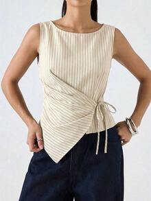 Blusa sin mangas con lazos laterales a rayas para vacaciones de verano de mujer - Albaricoque - Ver 6