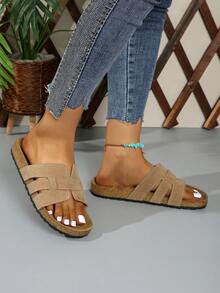 Retro Suede Soft Cork Bottom Slip-On Sandals, Crossover Strap Casual Slippers - Apricot - View 4