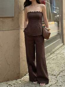 Women's Summer Casual Brown Linen 2-Piece Set, Ruffle Trim Fitted Strapless Top Paired With High Waist Wide Leg Pants, Suitable For Vacation Outfits - Brown - View 5