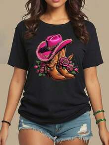 Camiseta Gráfica de Sombrero y Botas Vaquero para Mujer - Cuello Redondo Casual de Manga Corta en Negro con Diseño Vibrante de Vaquero, Mezcla de Poliéster y Spandex, Ideal para Primavera y Verano, Camiseta de Tema Vaquero  Tejido de Punto para Todas las Estaciones - Negro - Ver 1