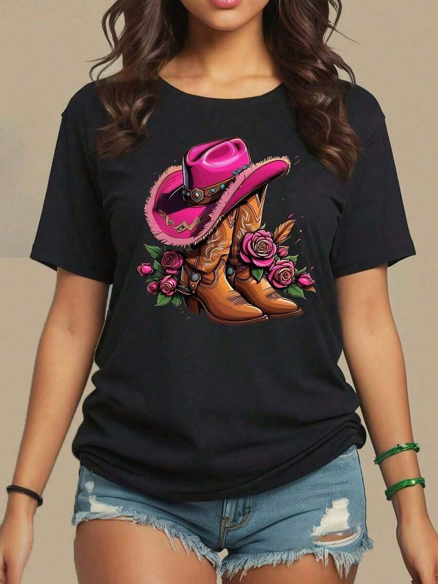 Camiseta Gráfica de Sombrero y Botas Vaquero para Mujer - Cuello Redondo Casual de Manga Corta en Negro con Diseño Vibrante de Vaquero, Mezcla de Poliéster y Spandex, Ideal para Primavera y Verano, Camiseta de Tema Vaquero  Tejido de Punto para Todas las Estaciones - Negro - Ver 1