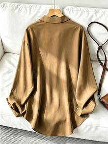 Kemeja Wanita Kasual Longgar Lengan Panjang Kancing Depan, Cocok untuk Musim Semi dan Musim Gugur - Khaki - View 2
