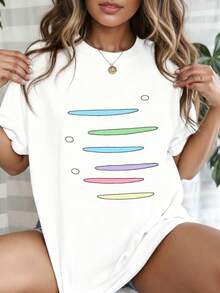 Minimalist Pastel Line Art Graphic T-Shirt, 100% Cotton Abstract Colorful Tee, Casual Crewneck Top for Y2K Aesthetic, Streetwear & Everyday Style - Blanco - Ver 2