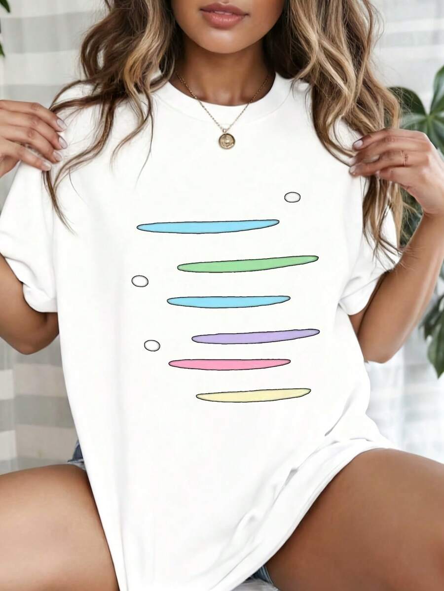 Minimalist Pastel Line Art Graphic T-Shirt, 100% Cotton Abstract Colorful Tee, Casual Crewneck Top for Y2K Aesthetic, Streetwear & Everyday Style