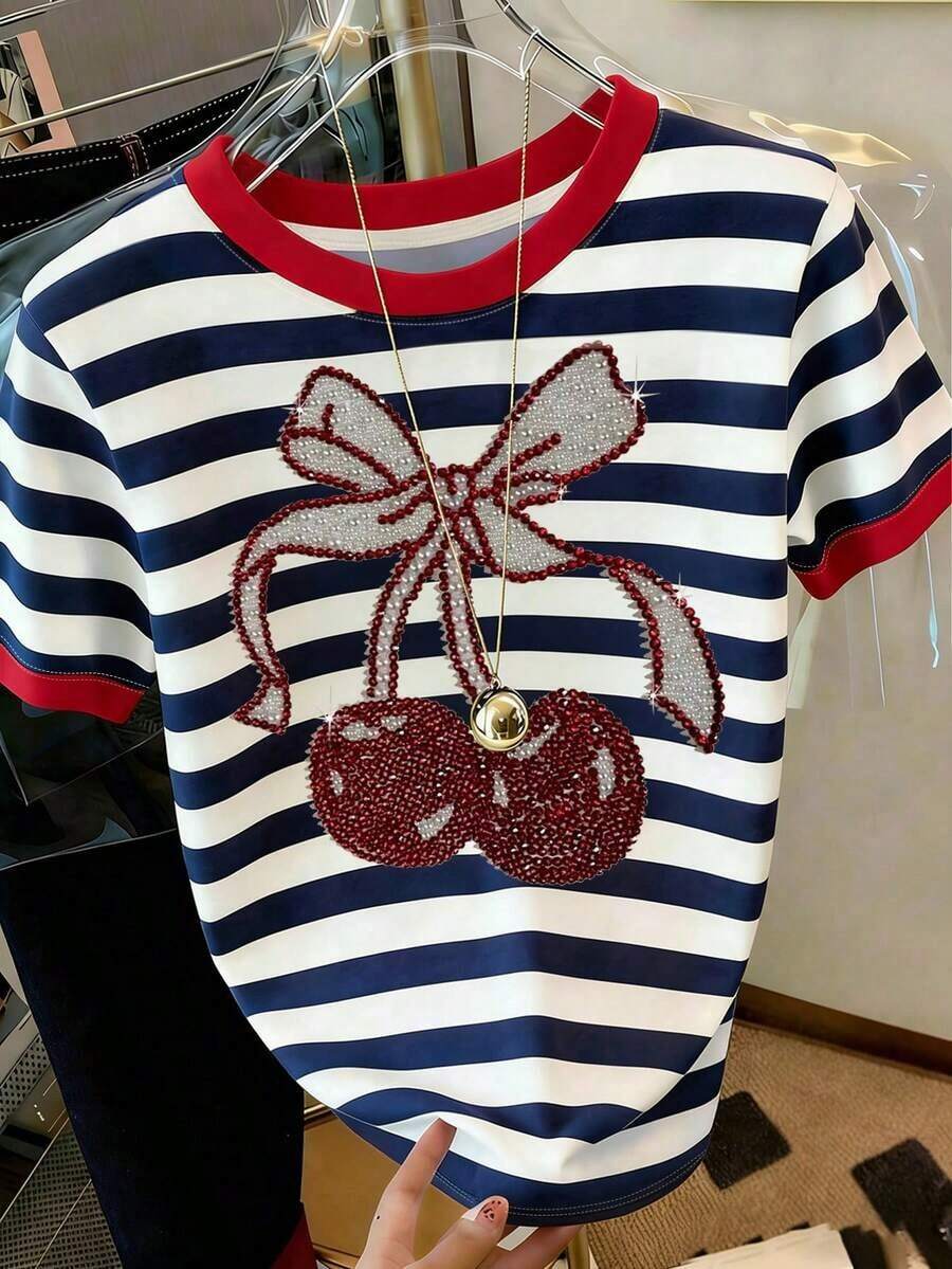 Camiseta casual de mujer de manga corta con cuello redondo y rayas - Multicolor 5 - Ver 1