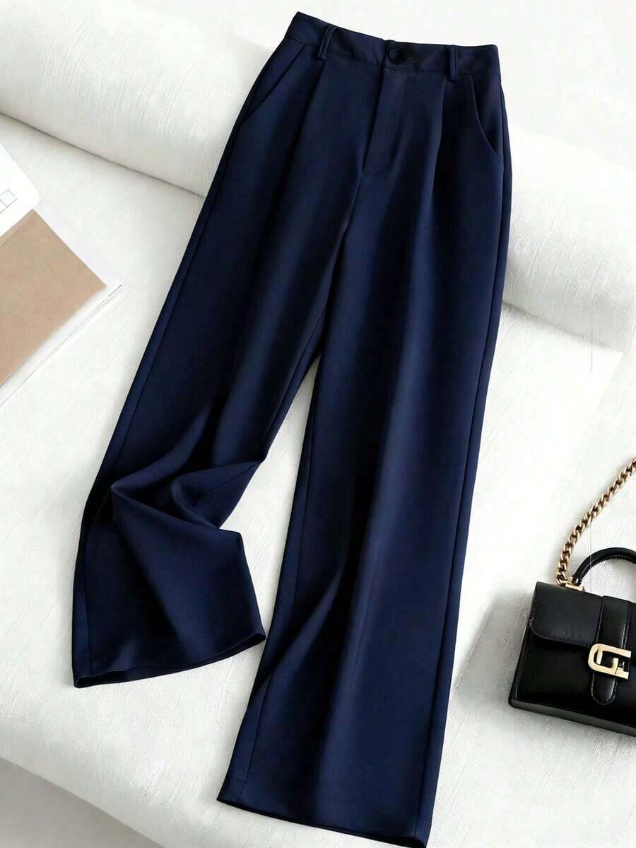 Pantalones casuales de mujer de unicolor con bolsillo oblicuo y pliegues - Azul marino - Ver 1