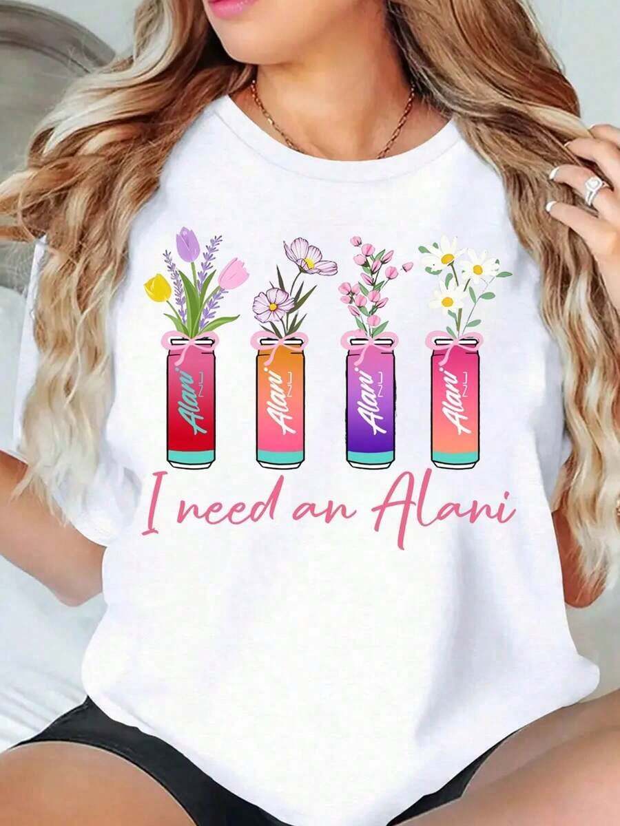 1 pieza Camiseta "I Need An Alani Flower Can" para mujer, top casual de moda, camiseta gráfica, 220g/180g, 100% algodón. - Blanco - Ver 1
