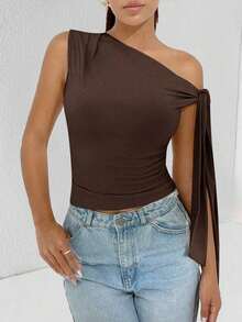 Top de hombro asimétrico con tirantes de atar de unicolor para mujer - Marrón - Ver 7