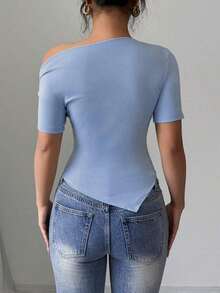 Camiseta de punto elástico ajustada con volantes y bajo asimétrico para mujer, camiseta casual y elegante para primavera/verano - Azul - Ver 2