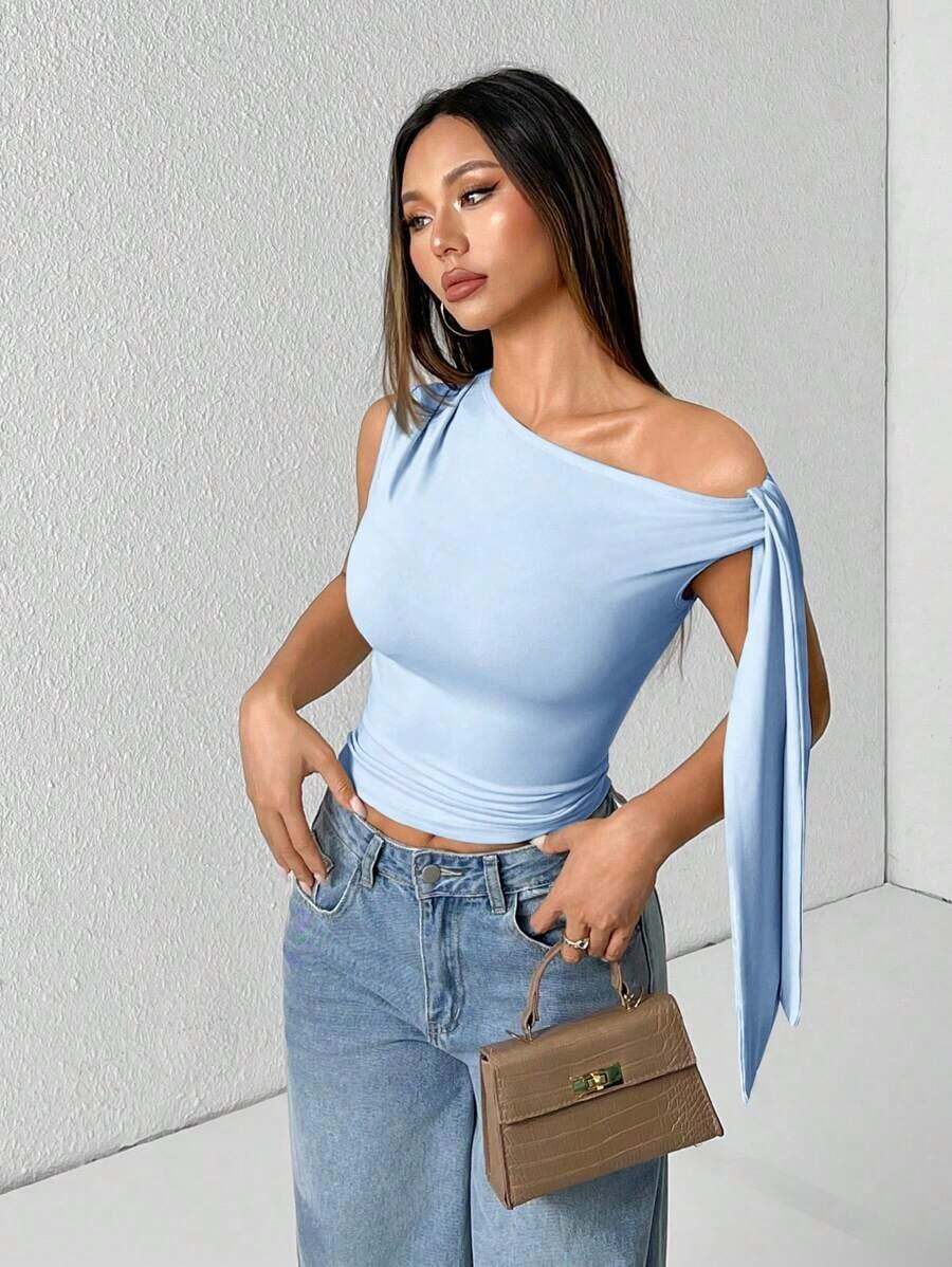 1 pieza Blusa de mujer con cuello oblicuo y lazada de unicolor, de uso casual diario - Celeste - Ver 1
