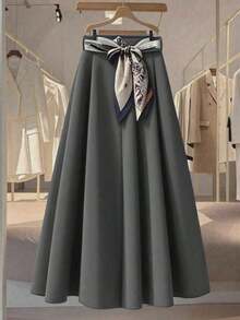 Nuevo cinturón de bufanda de seda larga y versátil, falda blanca de alta calidad para mujer, conjunto de ropa casual blanca para la universidad, ropa de primavera y otoño para mujer - Gris Oscuro - Ver 1