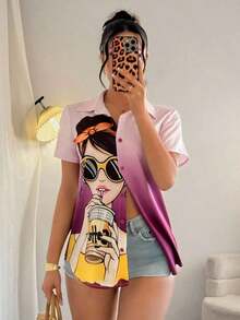 Blusa de mujer con estampado de chica de moda, manga corta y abotonadura, top de manga corta - Multicolor 2 - Ver 7