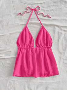 Camiseta de tirantes con cuello de halter y nudo en la espalda para mujer, adecuada para el verano - Rosado Sandía - Ver 2