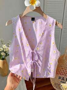 Camisa casual de mujer con nudo delantero y estampado de cerezas para vacaciones - Púrpura malva - Ver 1