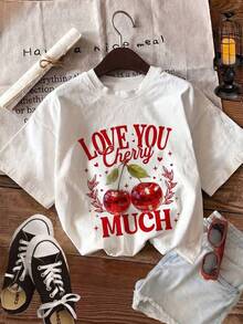Mujeres ocasionales manga corta ronda cuello caído hombro camiseta Regular con gráfico de cere. 46S6 - Blanco - Ver 2