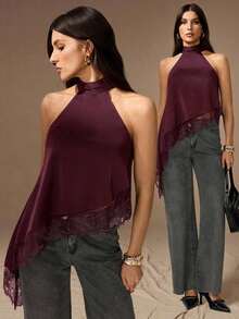 Tall Blusa sin mangas elegante y formal con cuello halter asimétrico, adorno de encaje y hombros descubiertos para fiesta, cóctel, boda o salida nocturna en primavera, verano y otoño - Burdeos - Ver 3